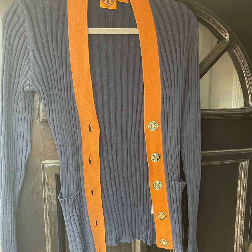Navy and orange button down cardigan